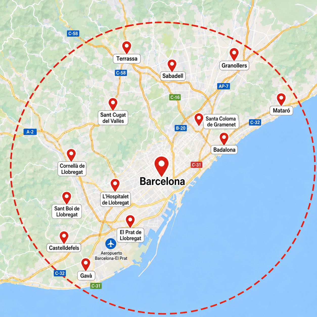 Barcelona capital L'Hospitalet de Llobregat Badalona Santa Coloma de Gramenet Sant Cugat del Vallès Cornellà de Llobregat Castelldefels Gavà El Prat de Llobregat Sabadell Terrassa Mataró Granollers Sant Boi de Llobregat Y toda la provincia de Barcelona.